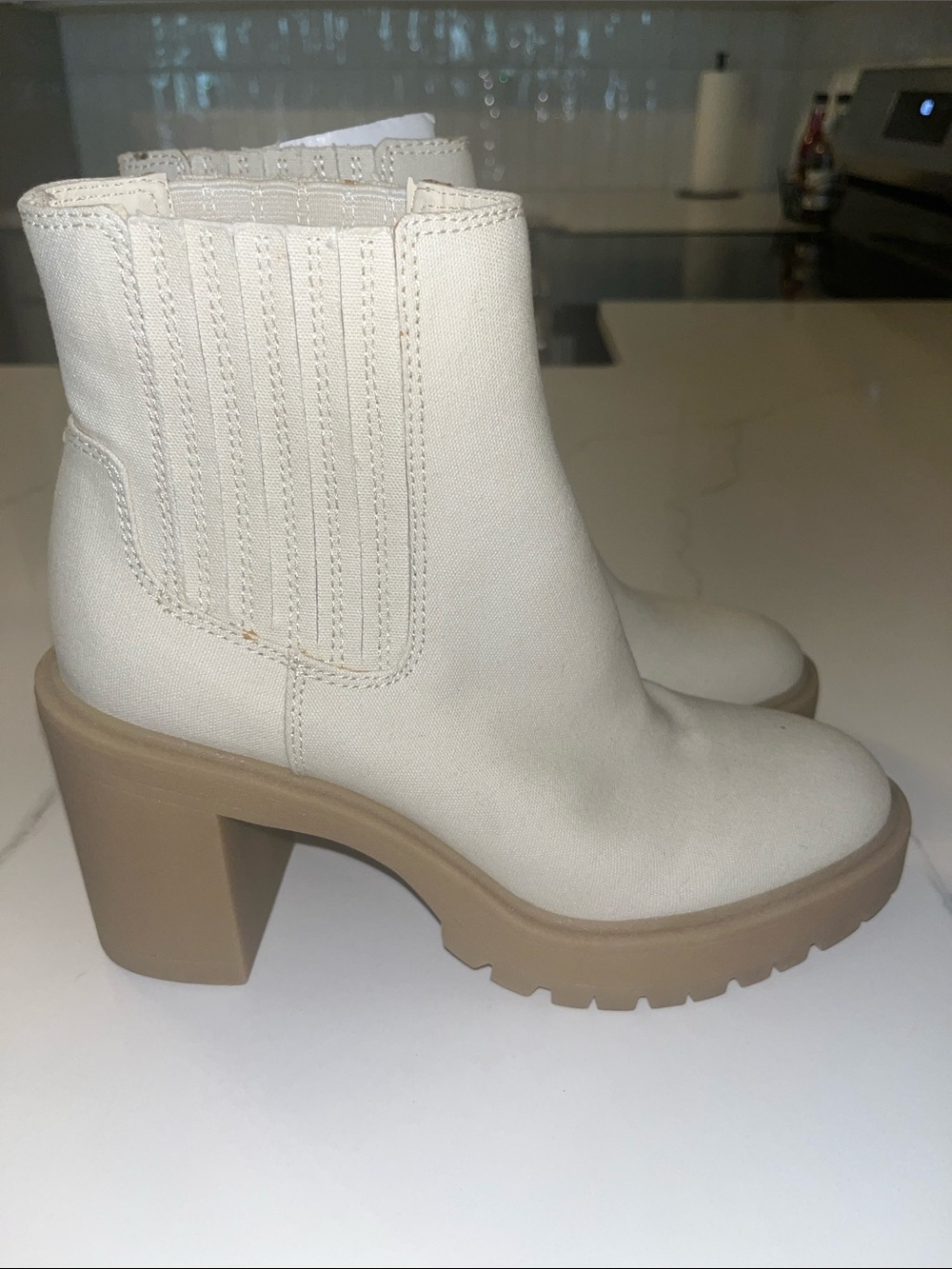Dolce Vita Cream Chelsea Platform Booties with Chunky Tan Sole